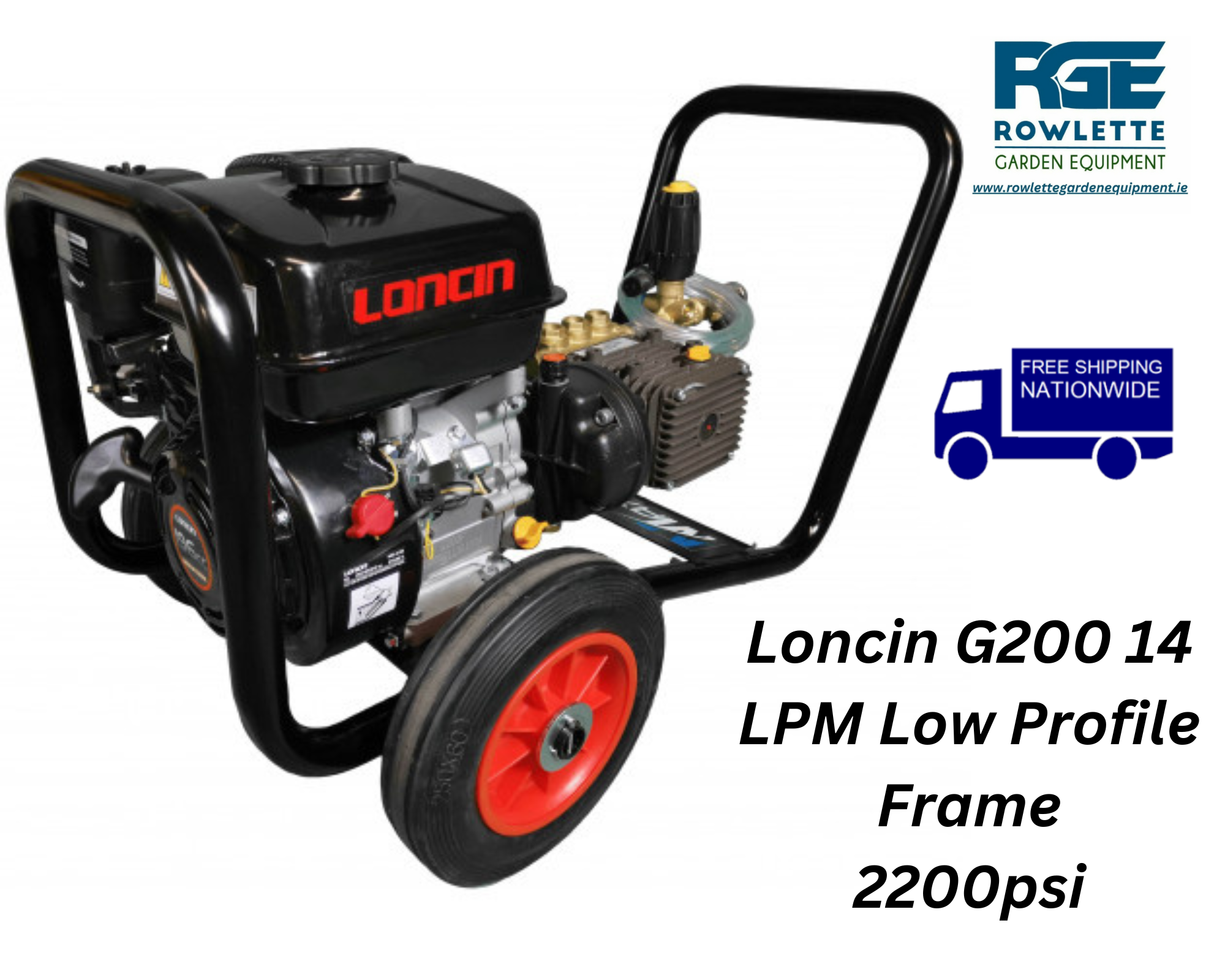 Loncin G200 6.5HP, 2200PSI @ 14LPM, Gearbox, Piston Pump, Low Profile Frame
